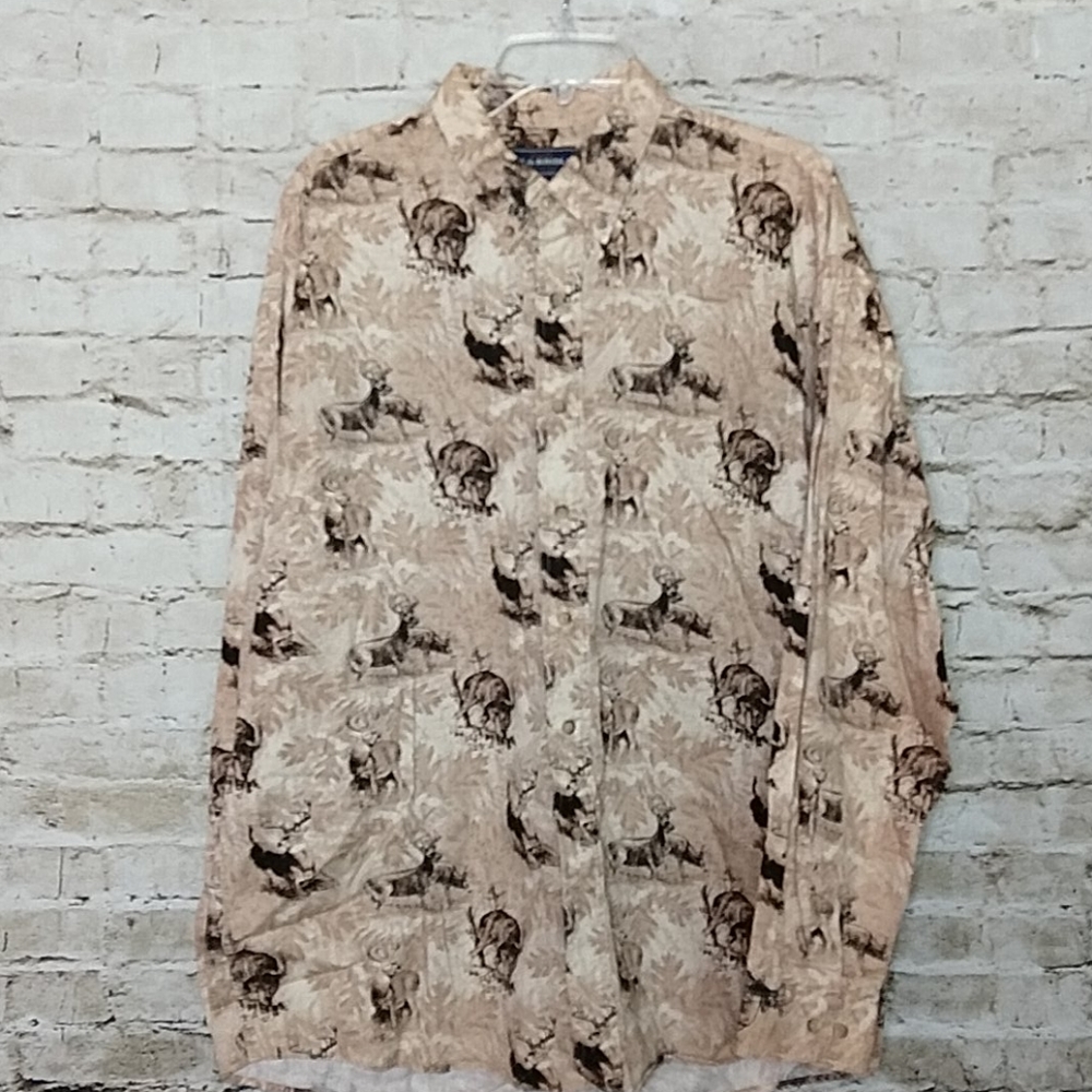 Bit & Bridal Mens Button Down Shirt Size XLarge Tan Deer Print Long Sleeve Cotto